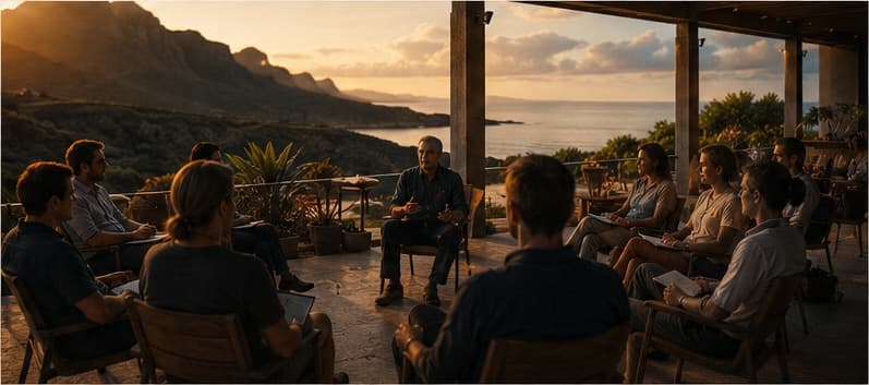 An open-air workshop at golden hour