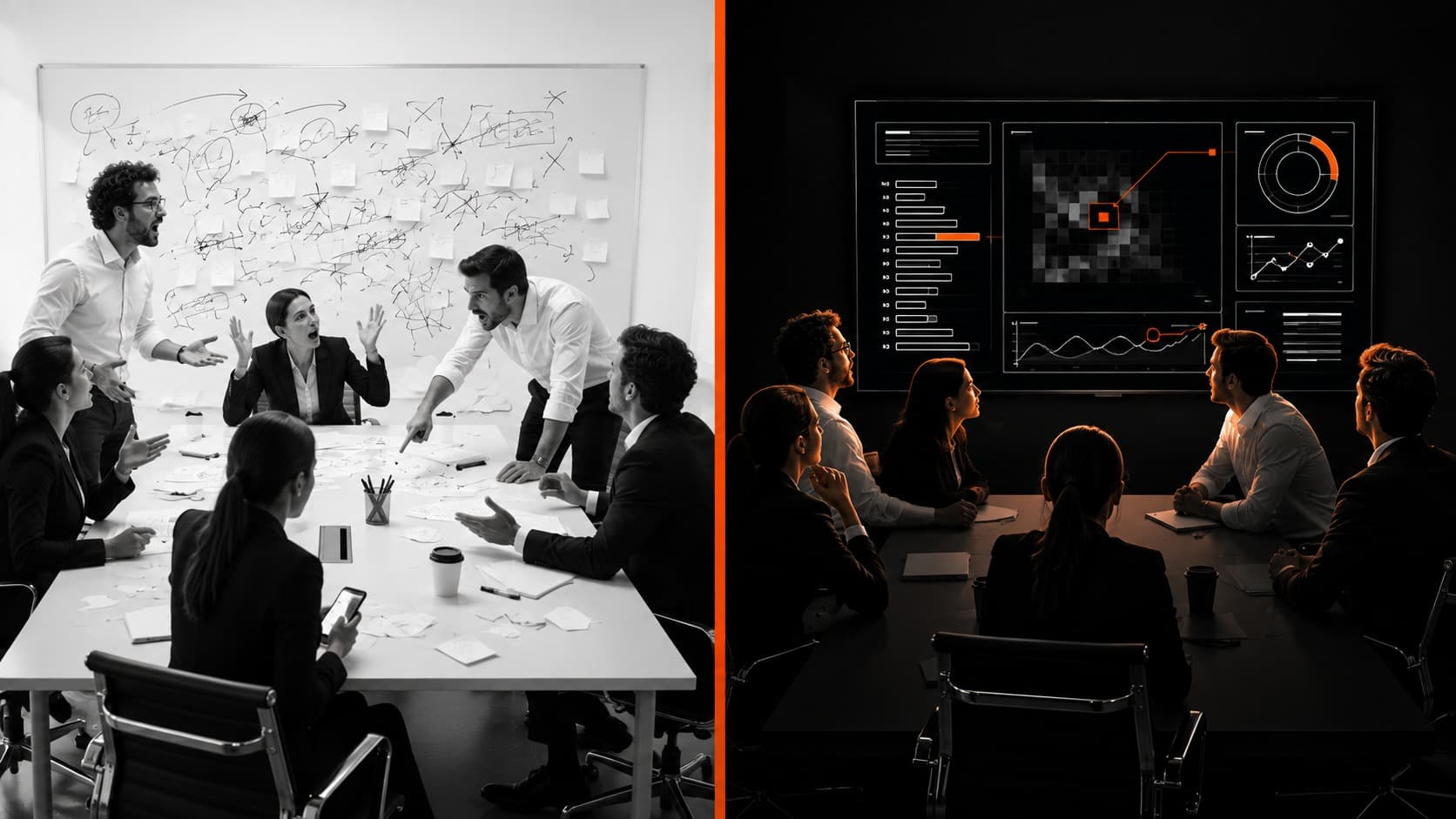 The same meeting room twice. Left, in bright white, six marketing people argue across a table, all talking at once in front of a whiteboard covered in scrawl and sticky notes. Right, in darkness, the same six sit silent and face a wall screen showing a structured analytics report, their faces lit orange by it.