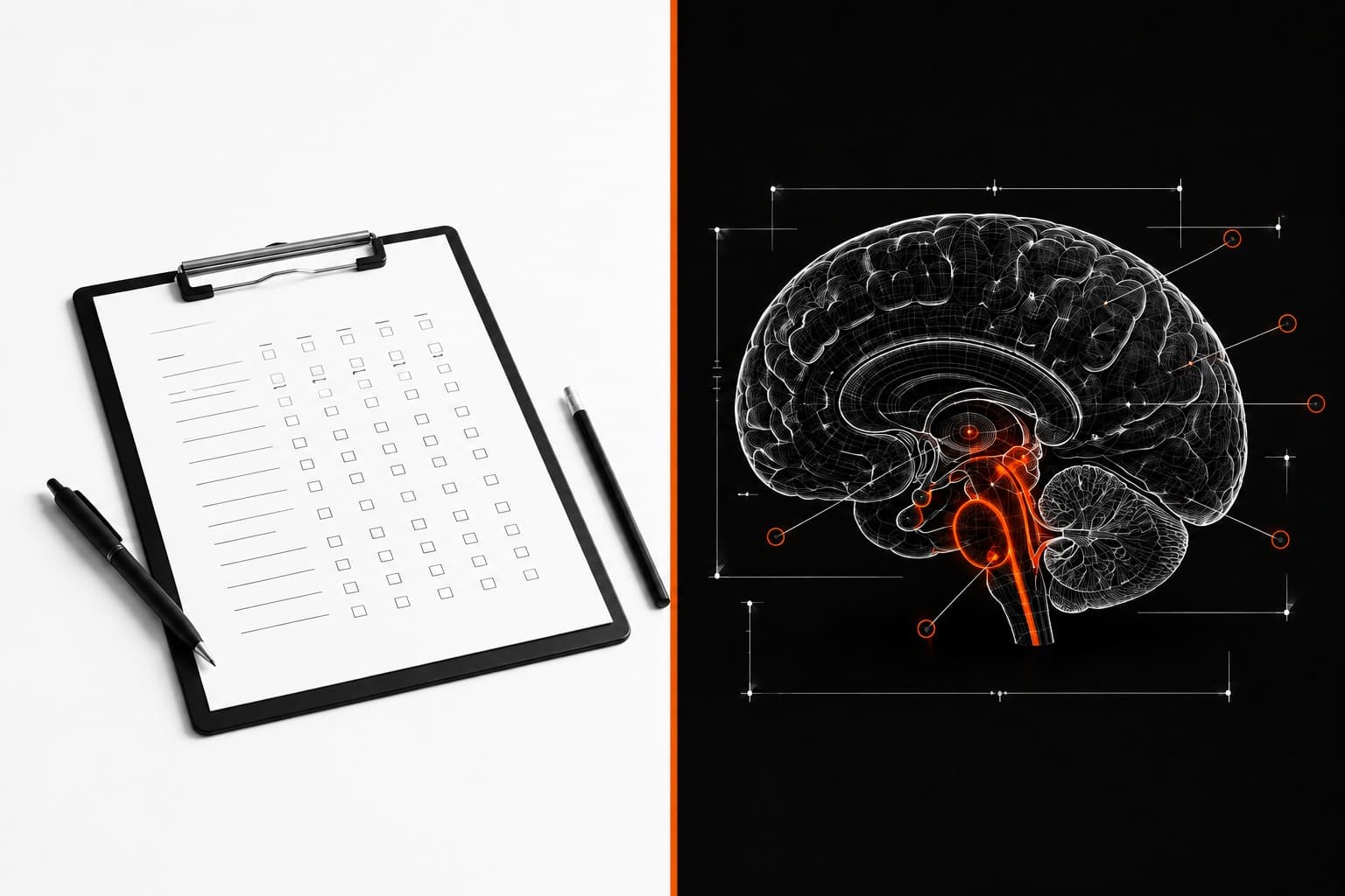 Two panels. On the left, on white, a clipboard holding a paper survey form of empty tick boxes, with a pen and pencil beside it. On the right, on black, a technical wireframe of the human brain with its primal structures lit in orange and measurement callouts running to the edges.