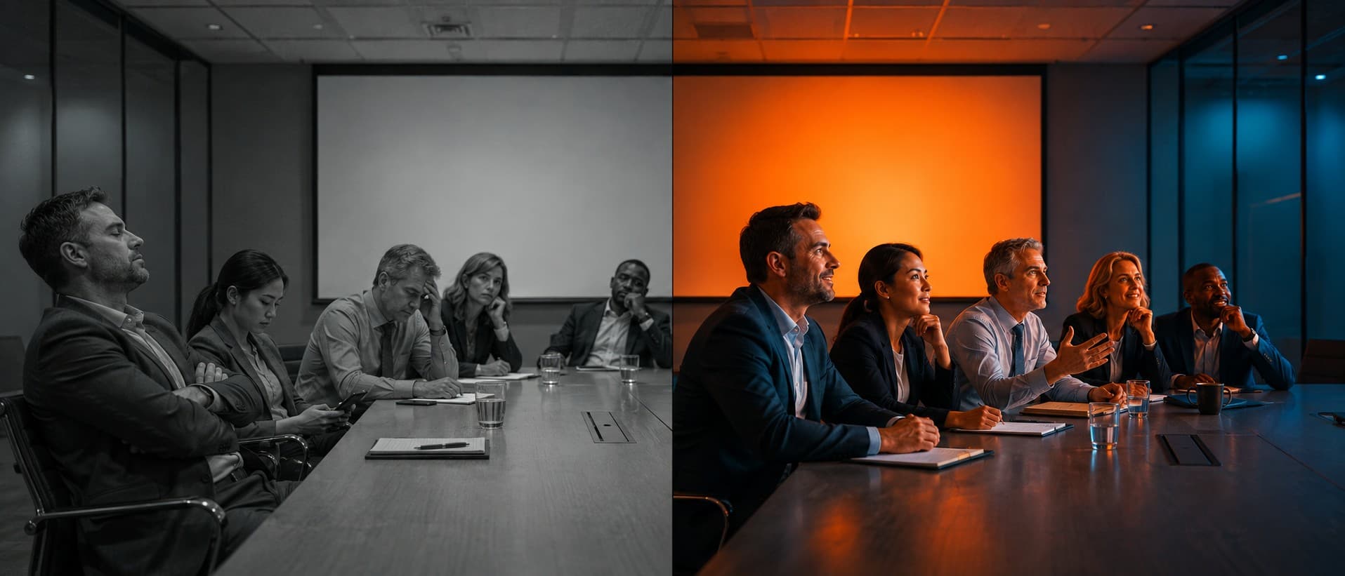 The same boardroom, twice. On the left, in grey, an audience slumped, checking phones, eyes closed. On the right, lit in orange, the same people leaning forward and attentive.