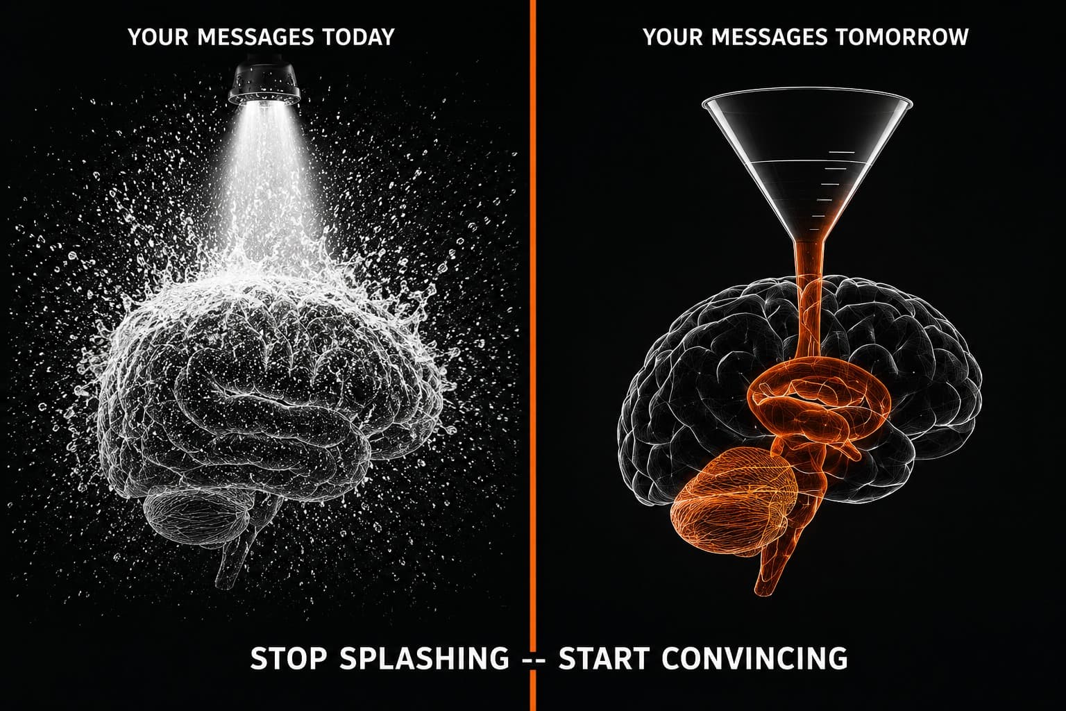 Two panels. On the left, labelled 'Your messages today', water sprays off a brain and scatters everywhere. On the right, labelled 'Your messages tomorrow', a funnel channels it straight into the brain's primal structures, lit in orange. Beneath both: stop splashing, start convincing.